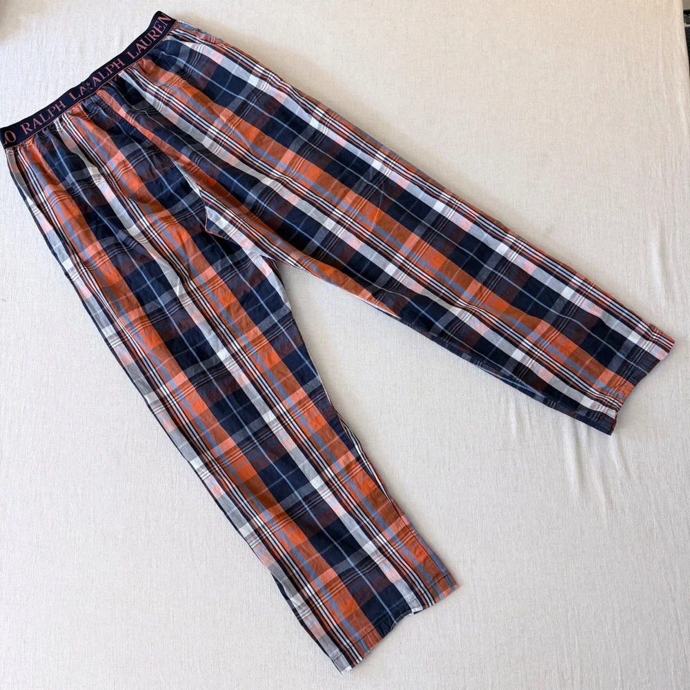 Polo Ralph Lauren Mens Orange Navy‎ Blue Plaid Cotton Sleepwear Pajama Pants Med